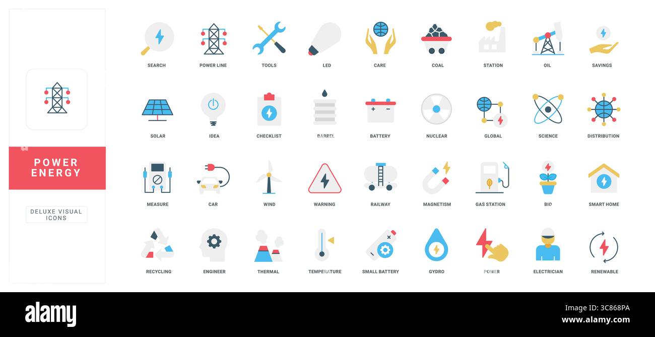 Raccolta di icone di energia e potenza in stile piatto con concetti di elettricità, fonti rinnovabili, scienza e tecnologia, ciascuna etichettata per una facile identificazione di un vettore isolato Illustrazione Vettoriale