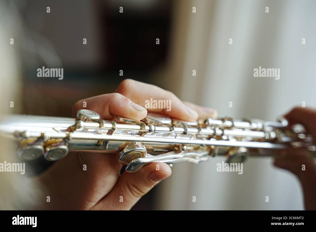 Le mani suonano abilmente un flauto, concentrandosi sul posizionamento delle dita e sulla tecnica. L'immagine cattura l'arte e la precisione necessarie per suonare questa musi Foto Stock