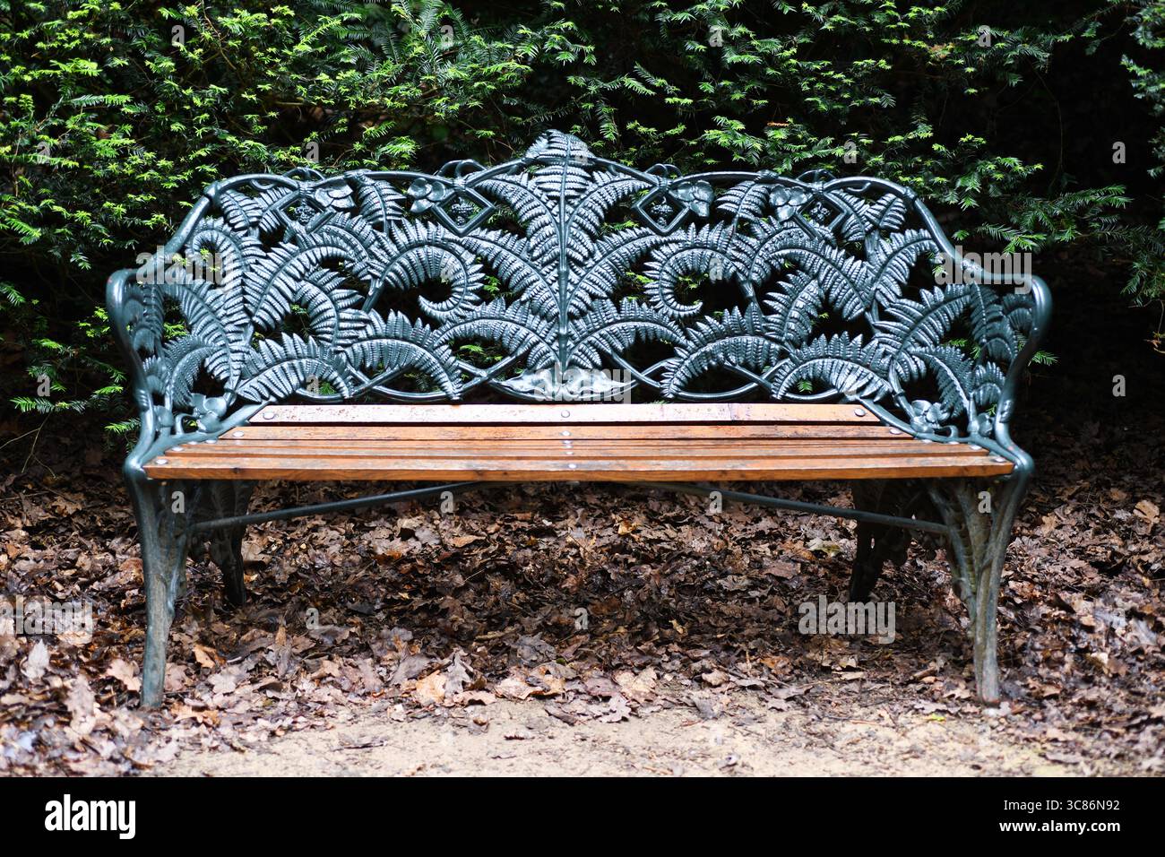 Panca da giardino vittoriana con foglie di felce Foto Stock