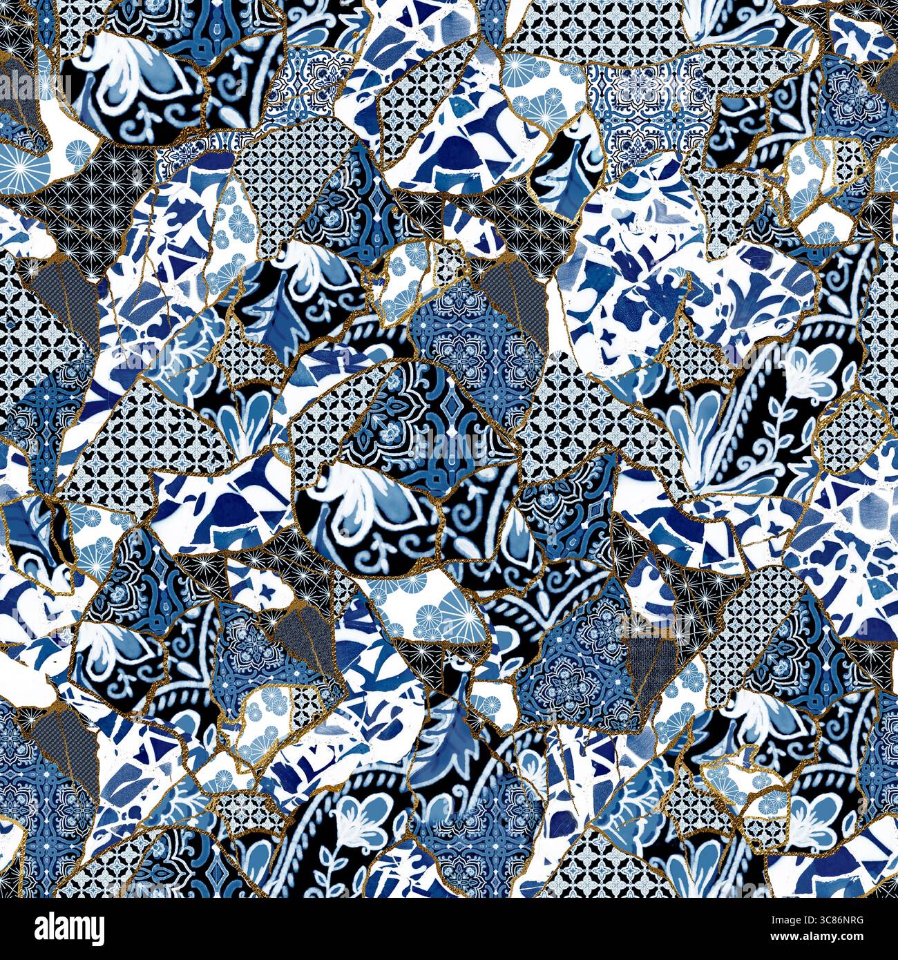 Un motivo a mosaico di piastrelle blu e bianche crea uno sfondo decorativo Foto Stock