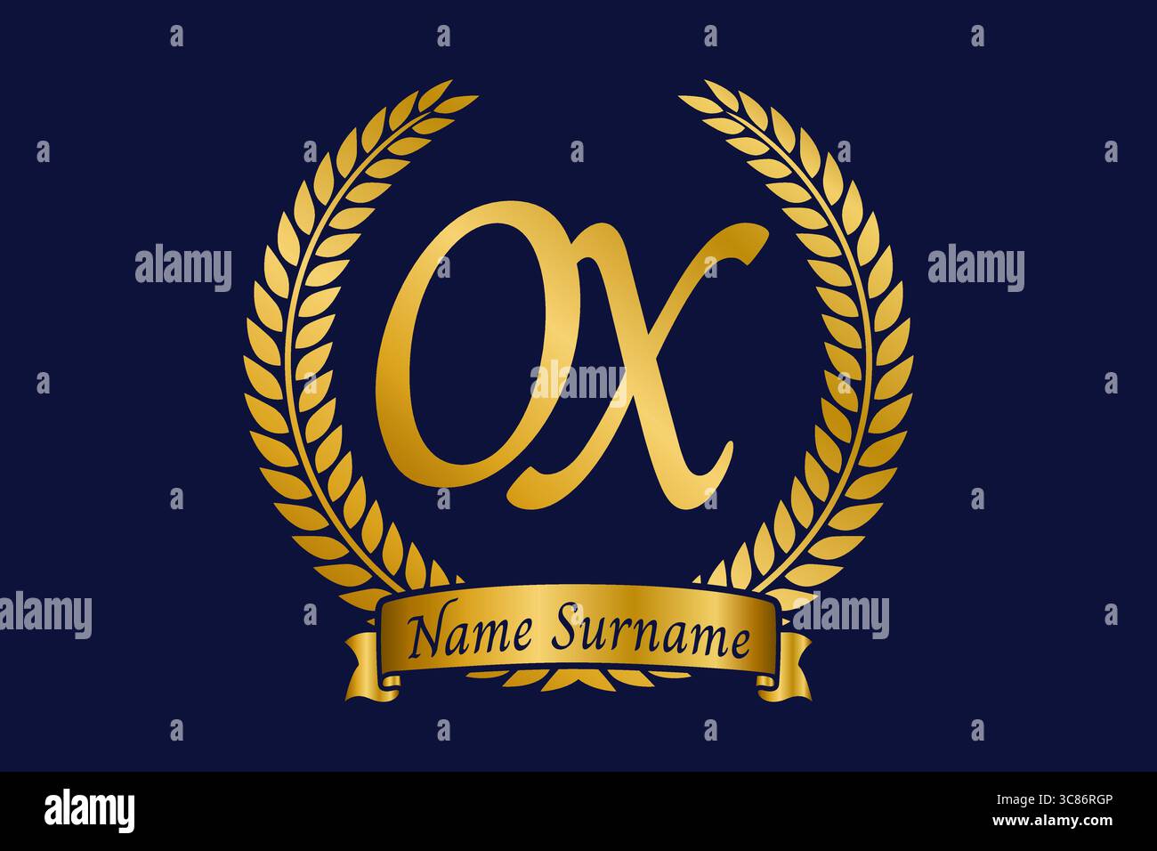 Lettera iniziale o e X, logo monogramma OX con corona in alloro. Emblema dorato di lusso con carattere calligrafico. Illustrazione Vettoriale