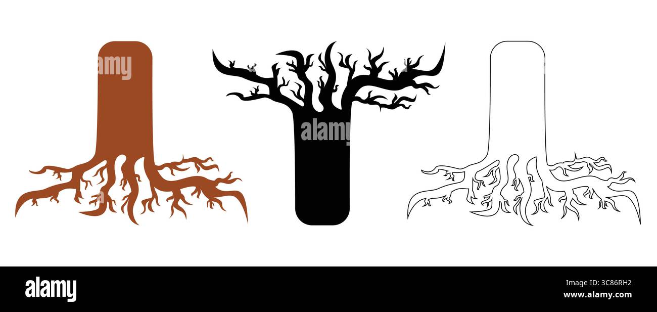 Radice albero molla con silhouette nera e illustrazione vettoriale line art Illustrazione Vettoriale