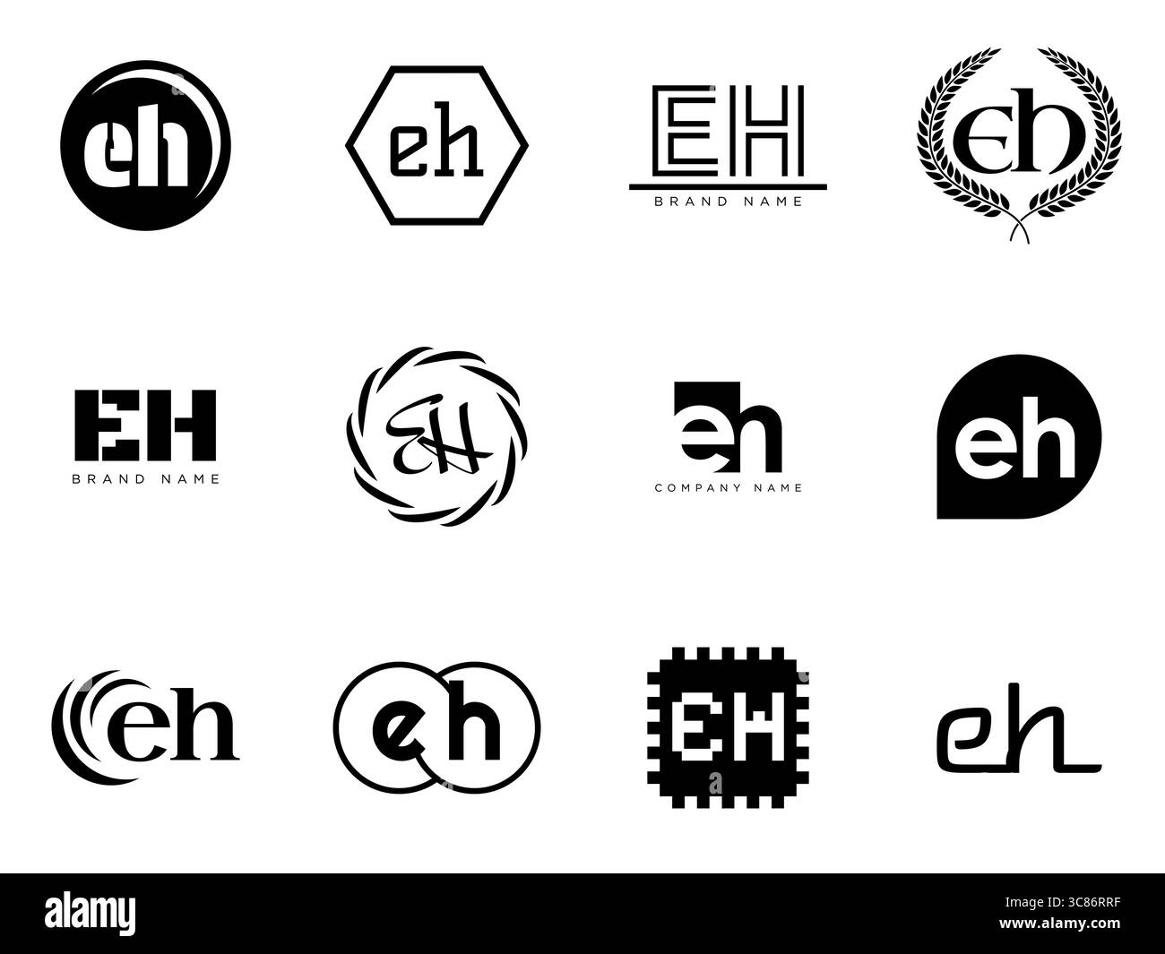 Modello aziendale del logo EH. Logotipo lettera e e h. Imposta diverse lettere serif classiche e testo moderno in grassetto con elementi di design. Tipog font iniziale Illustrazione Vettoriale