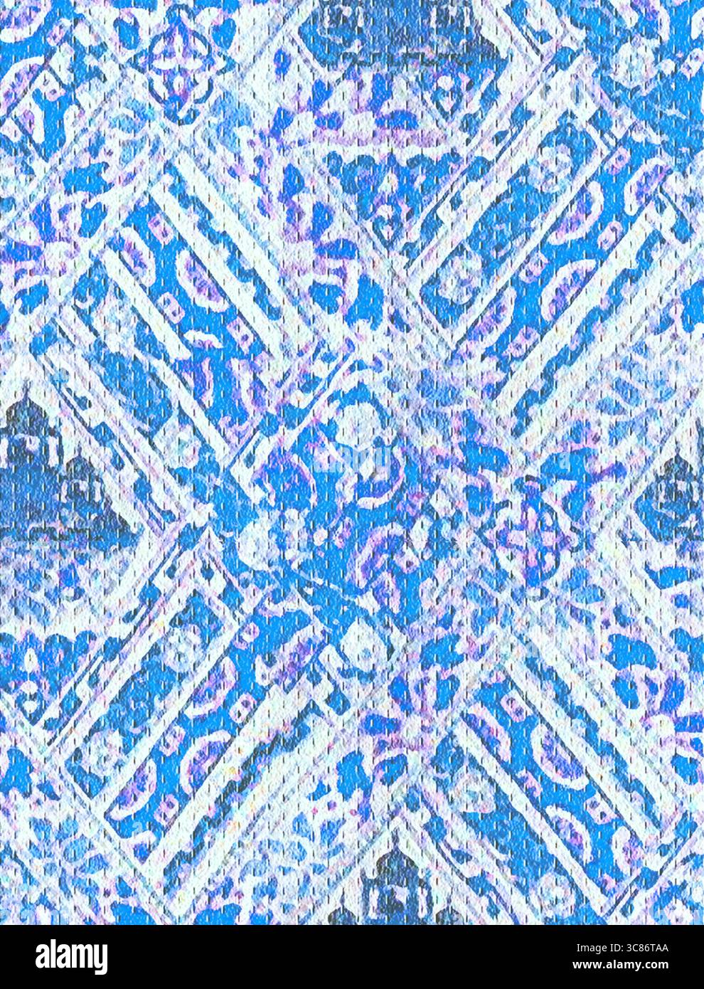 Un motivo senza cuciture presenta disegni geometrici e floreali in tonalità blu e bianco Foto Stock