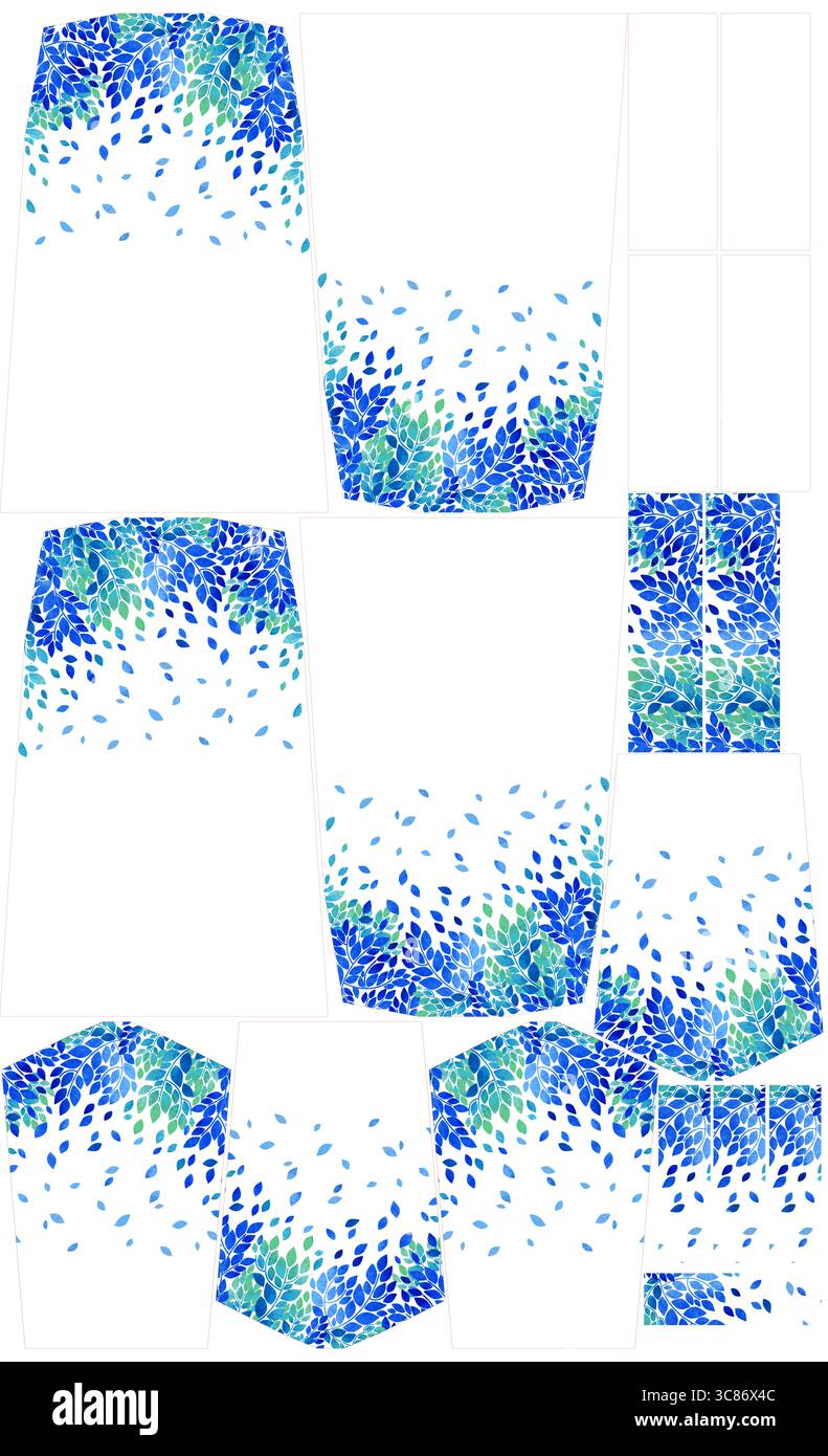 Le foglie blu e verdi che cadono creano un motivo decorativo isolato su sfondo bianco Foto Stock