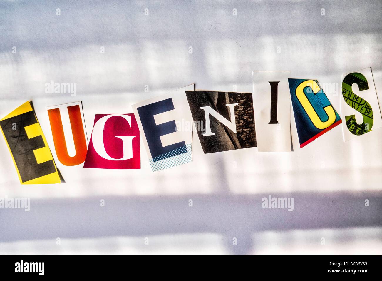La parola "Eugenics" usando lettere di carta ritagliate nella tipografia con effetto riscatto, 2025 Foto Stock