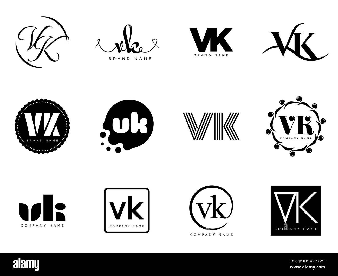 Modello aziendale del logo VK. Logotipo lettera V e k. Imposta diverse lettere serif classiche e testo moderno in grassetto con elementi di design. Tipog font iniziale Illustrazione Vettoriale