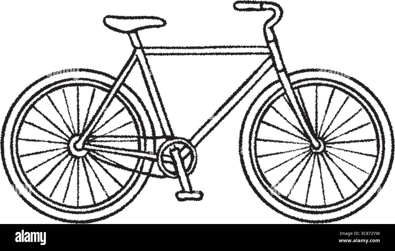 Un semplice disegno di una bicicletta classica con ingranaggi e telaio visibili. Illustrazione Vettoriale