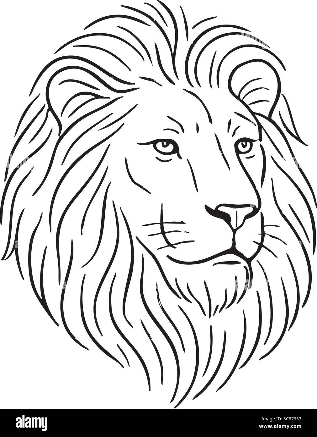 Un disegno dettagliato della testa di un leone con criniera fluente. Illustrazione Vettoriale