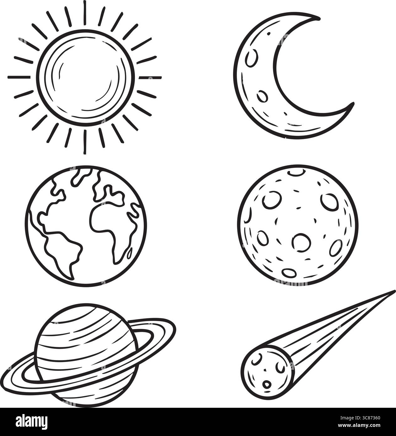Delineare le illustrazioni del sole, della luna, della terra, dei pianeti e delle linee orbitali. Illustrazione Vettoriale