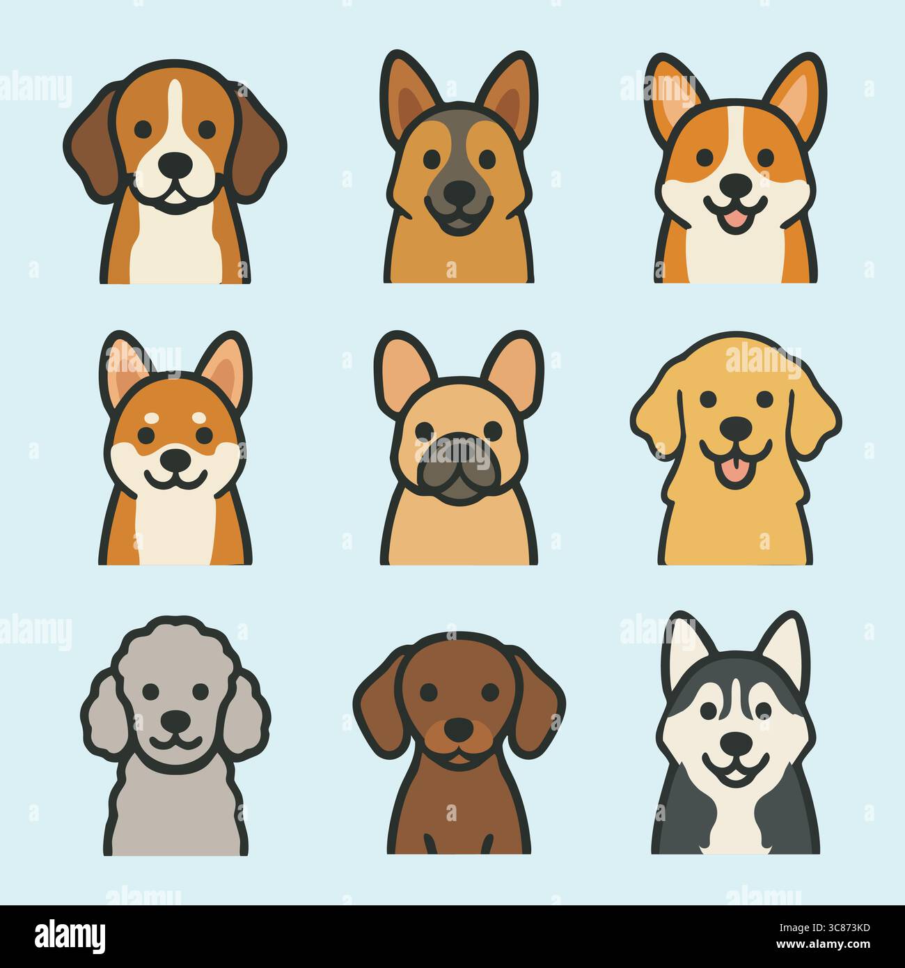Un modello ripetuto di facce di cane in stile cartone animato che rappresentano varie razze in una griglia. Illustrazione Vettoriale
