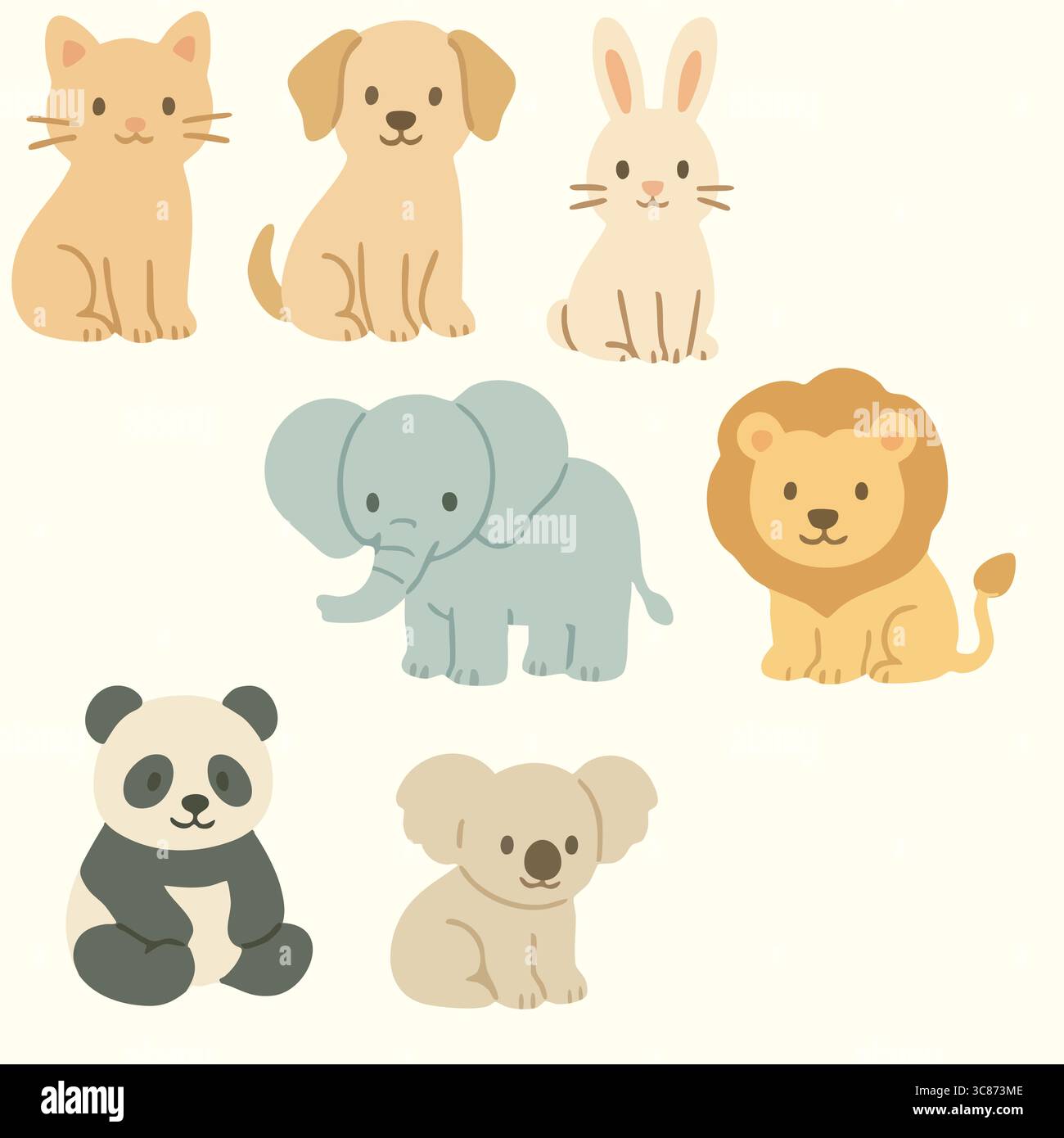 Un modello di nove facce di animali in stile kawaii tra cui cani, gatti, conigli, panda e orsi. Illustrazione Vettoriale