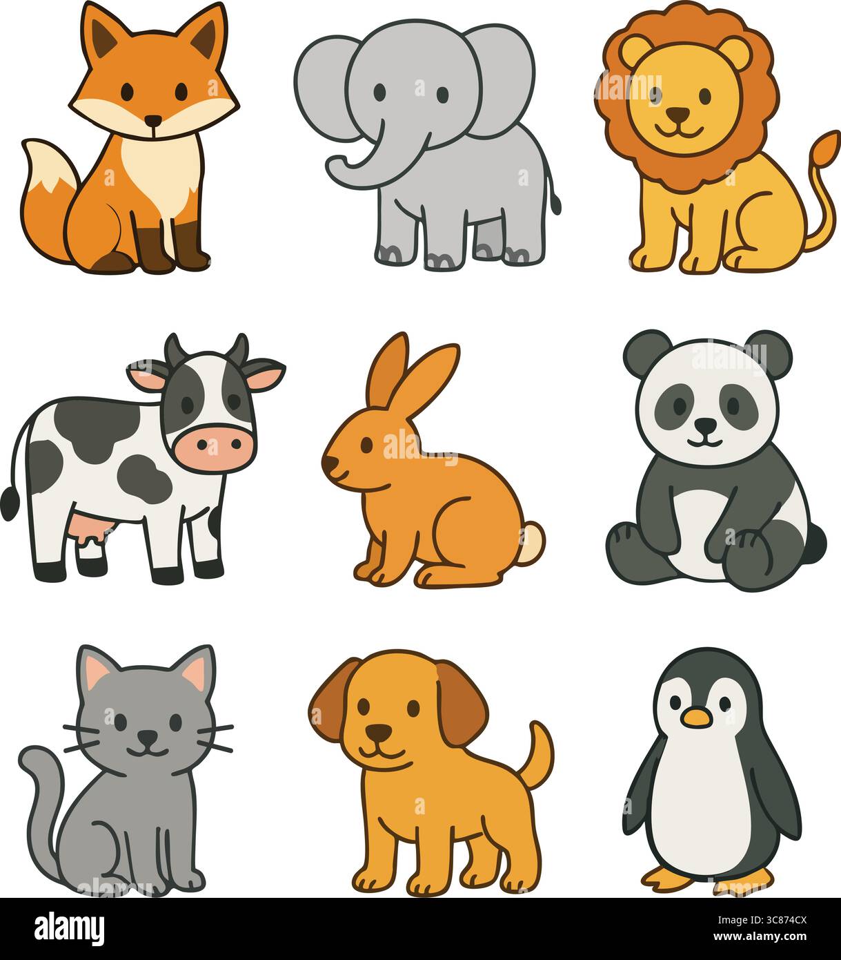Un modello vettoriale ripetuto con volti di animali in stile kawaii, tra cui volpi, elefanti, leoni, mucche, conigli, panda e pinguino. Illustrazione Vettoriale