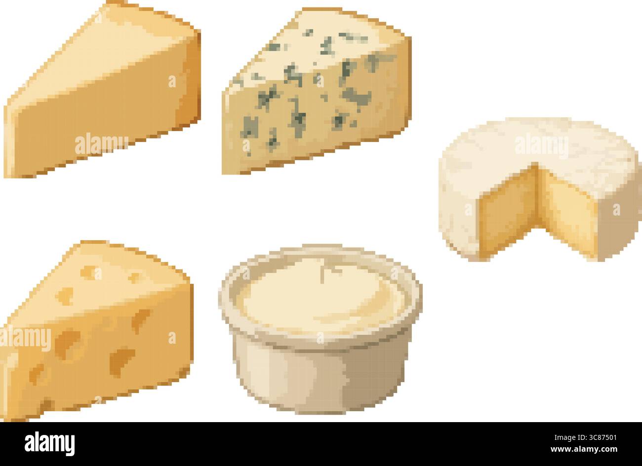 Un set vettoriale piatto di quattro tipi di formaggio: Un cuneo triangolare di cheddar, una fetta di formaggio blu, una fetta di formaggio svizzero con fori e una forma rotonda di formaggio. Illustrazione Vettoriale