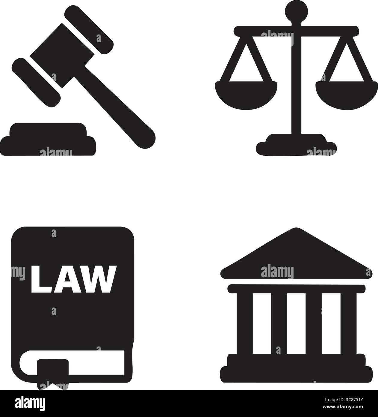 Un set di icone piatte in bianco e nero che illustra il martelletto di un giudice, le scale di giustizia, un libro di legge e una facciata di un tribunale. Illustrazione Vettoriale