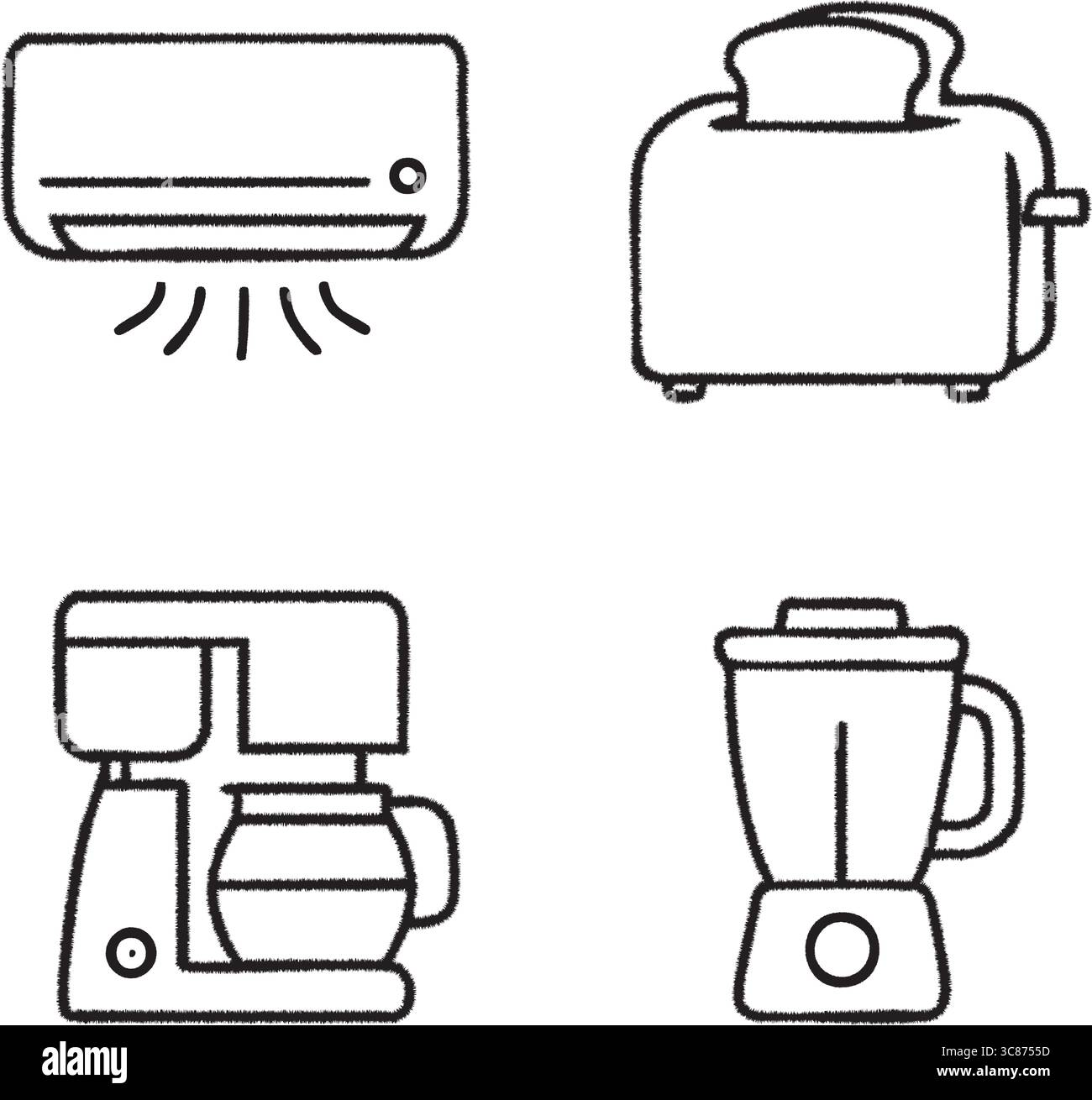 Una collezione d'arte monocromatica raffigurante un condizionatore d'aria, una valigia da viaggio, una macchina per caffè all'americana e un frullatore da cucina. Illustrazione Vettoriale