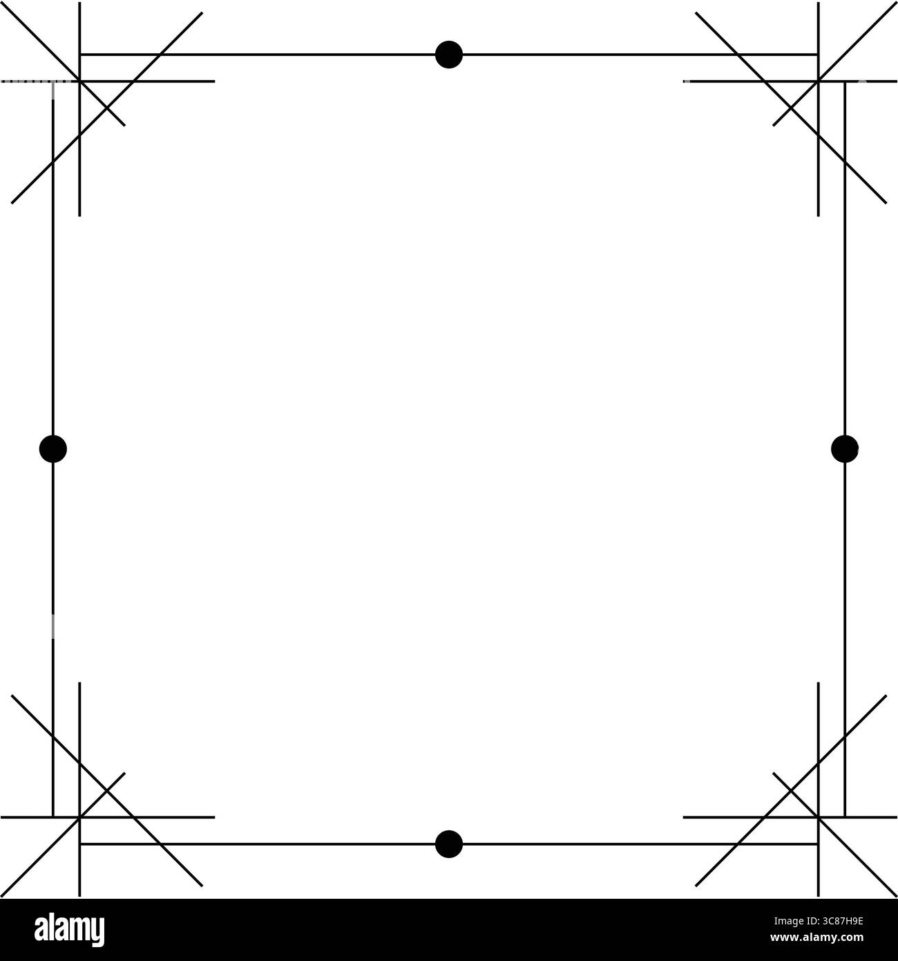 Quadrato centrale bianco delimitato da precise tacche di ritaglio nere, linee di registrazione degli angoli e punti di allineamento circolari, che rappresentano layout e stampa prepa Illustrazione Vettoriale