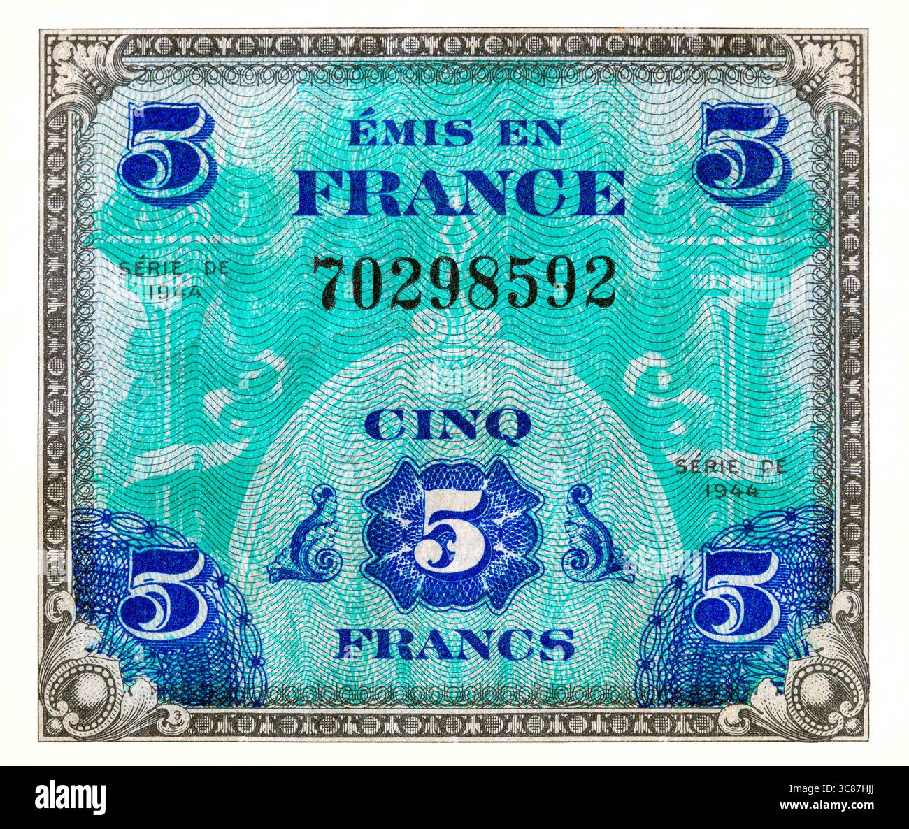 Il dritto del primo numero, banconota da 5 franchi della valuta franco francese supplementare del 1944-1948, utilizzata dalle forze alleate in Europa durante il periodo W Foto Stock