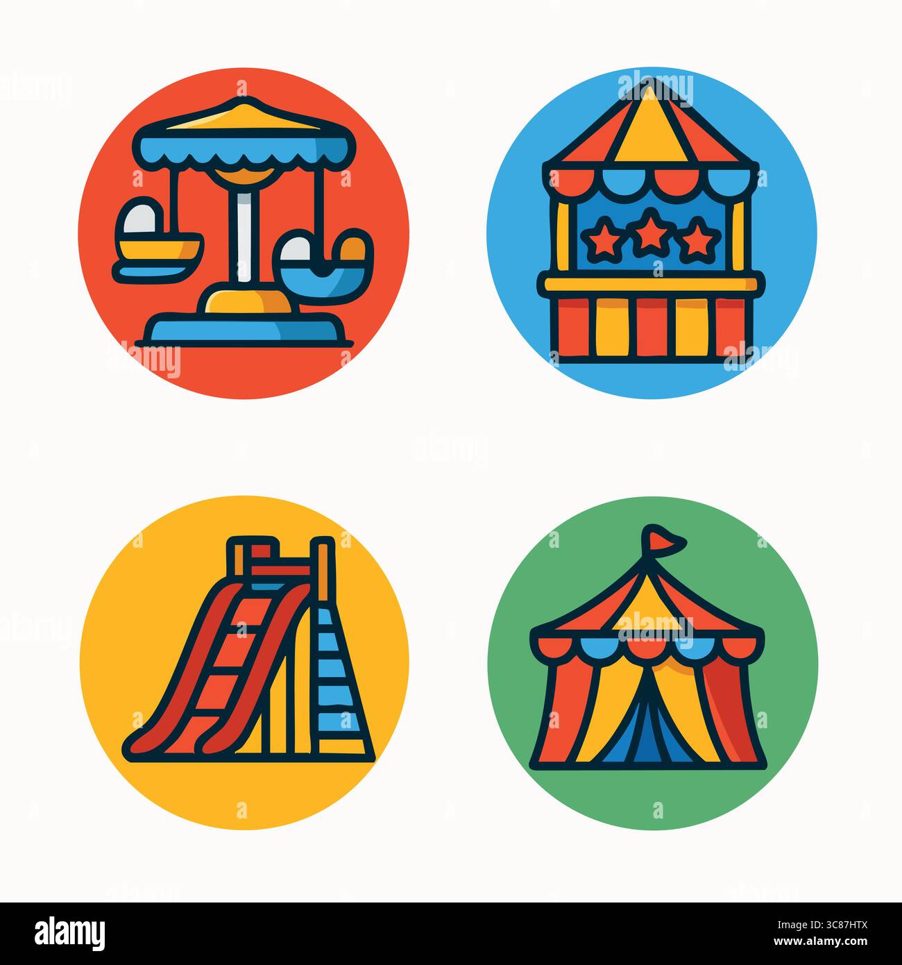 Un set di quattro icone circolari con temi per il parco divertimenti: Giostra a dondolo, biglietteria, scivolo e tenda da da circo con sfondi dai colori vivaci. Illustrazione Vettoriale