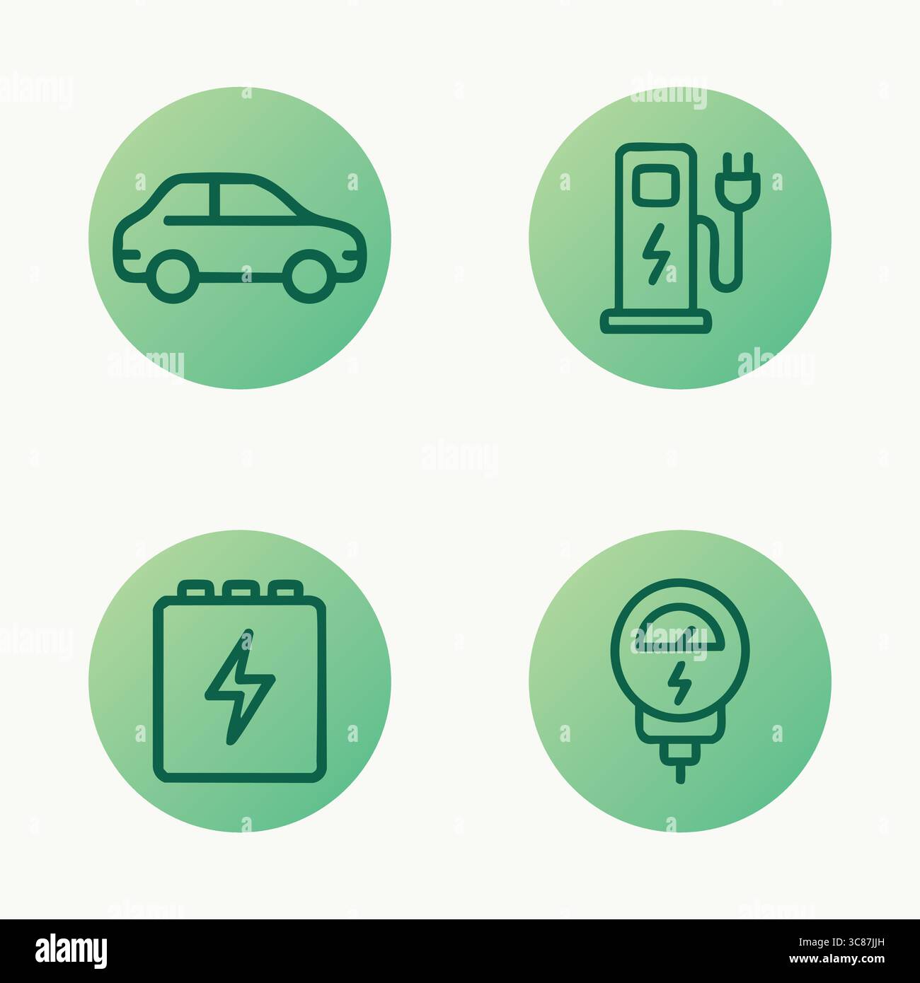 Set di icone rotonde a tema ecologico che illustrano il veicolo elettrico, la stazione di ricarica, l'immagazzinamento di energia e i concetti di innovazione su sfondo verde. Illustrazione Vettoriale