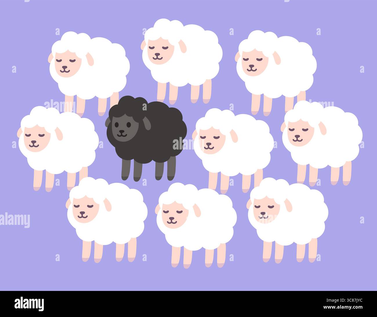 Pecora nera tra pecore bianche, carino disegno di cartoni animati. Distinguersi dal concetto della folla. Illustrazione della clipart vettoriale Illustrazione Vettoriale