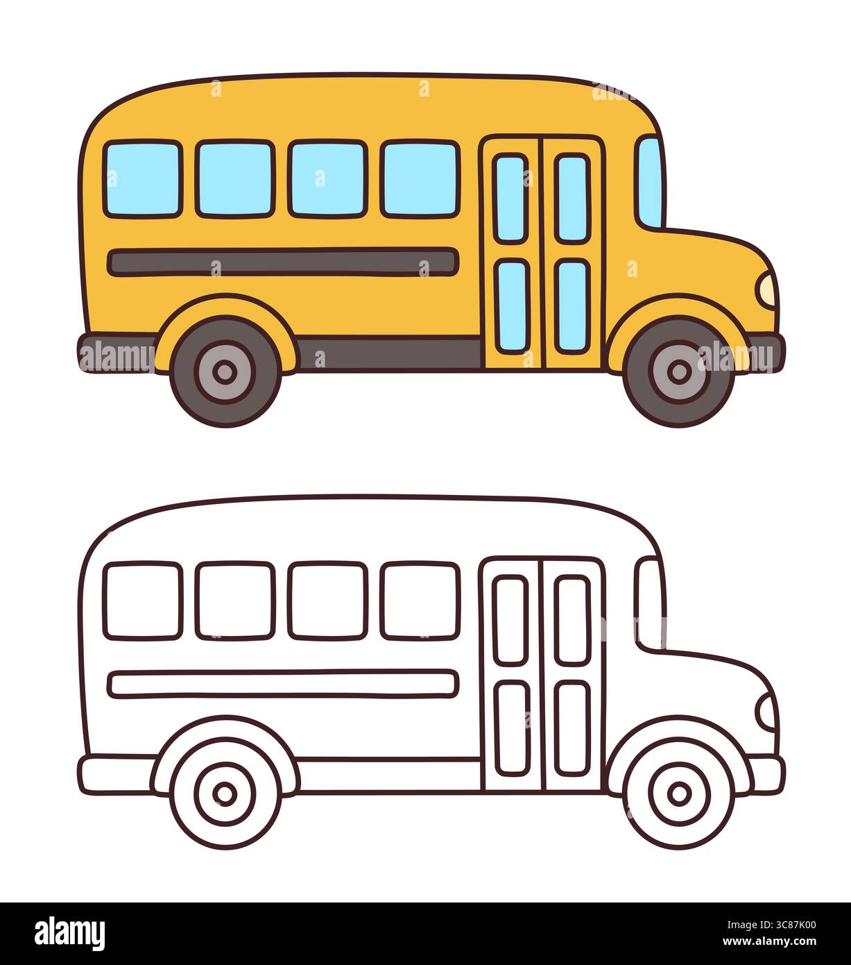 Classico disegno giallo dello scuolabus in carino stile cartoni animati. Illustrazione a colori e disegni a linee in bianco e nero per la colorazione. Clipart vettoriale disegnato a mano. Illustrazione Vettoriale