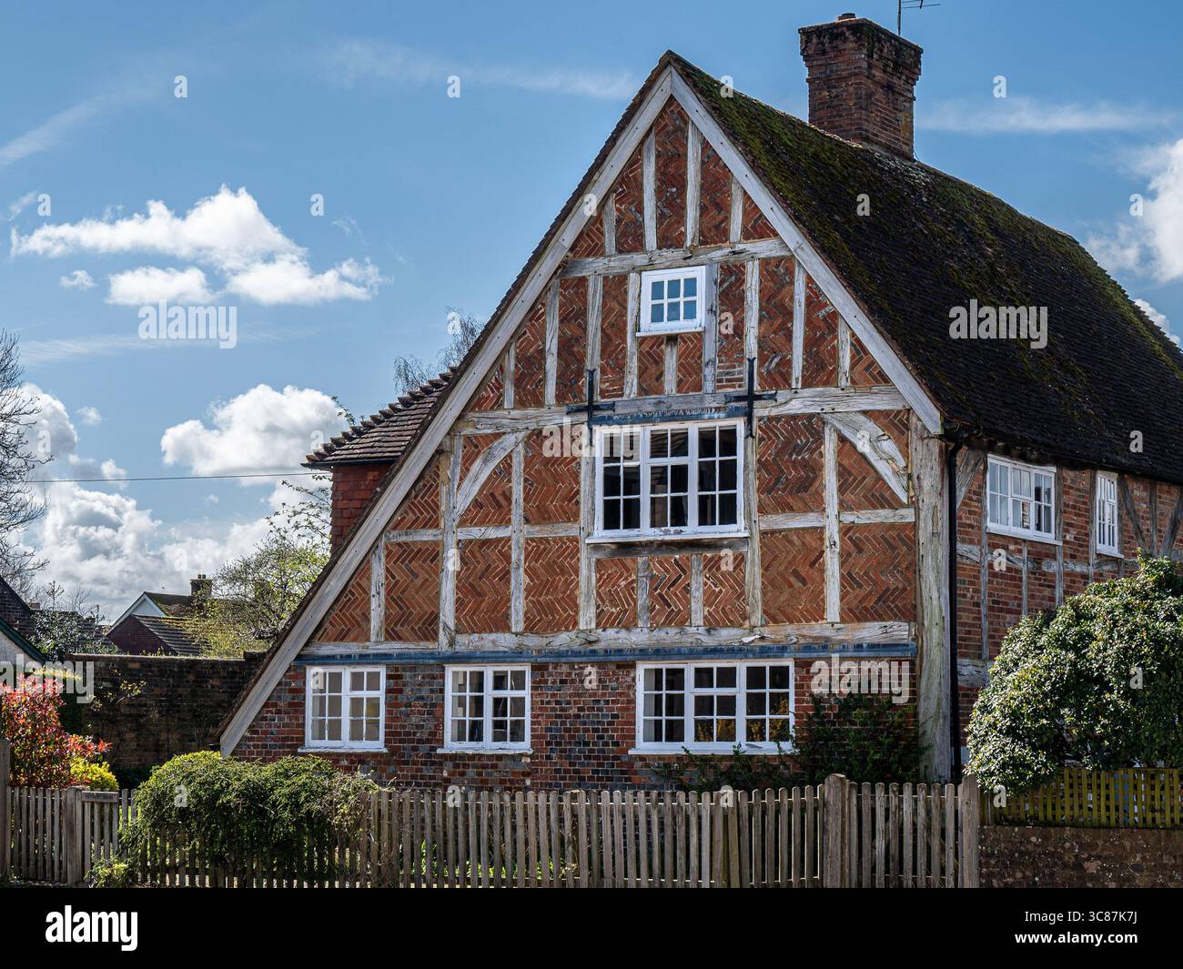 Una vecchia casa tudor che espone mattoni a spina di pesce e travi di legno nel villaggio di East Meon, Hampshire, Inghilterra. Foto Stock