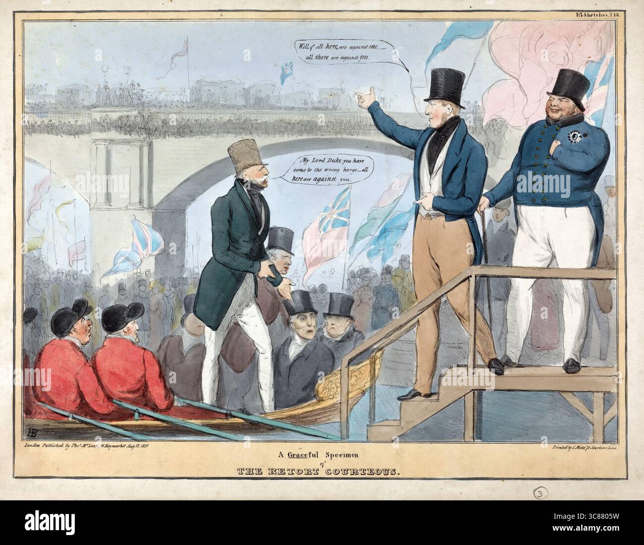 Una stampa a cartone animato di Un esemplare grato della storta cortese del 1831, litografia su carta dell'epoca georgiana del XIX secolo creata da John Doyle e Charles e P Motte pubblicata da Thomas McLean antica stampa d'epoca Foto Stock