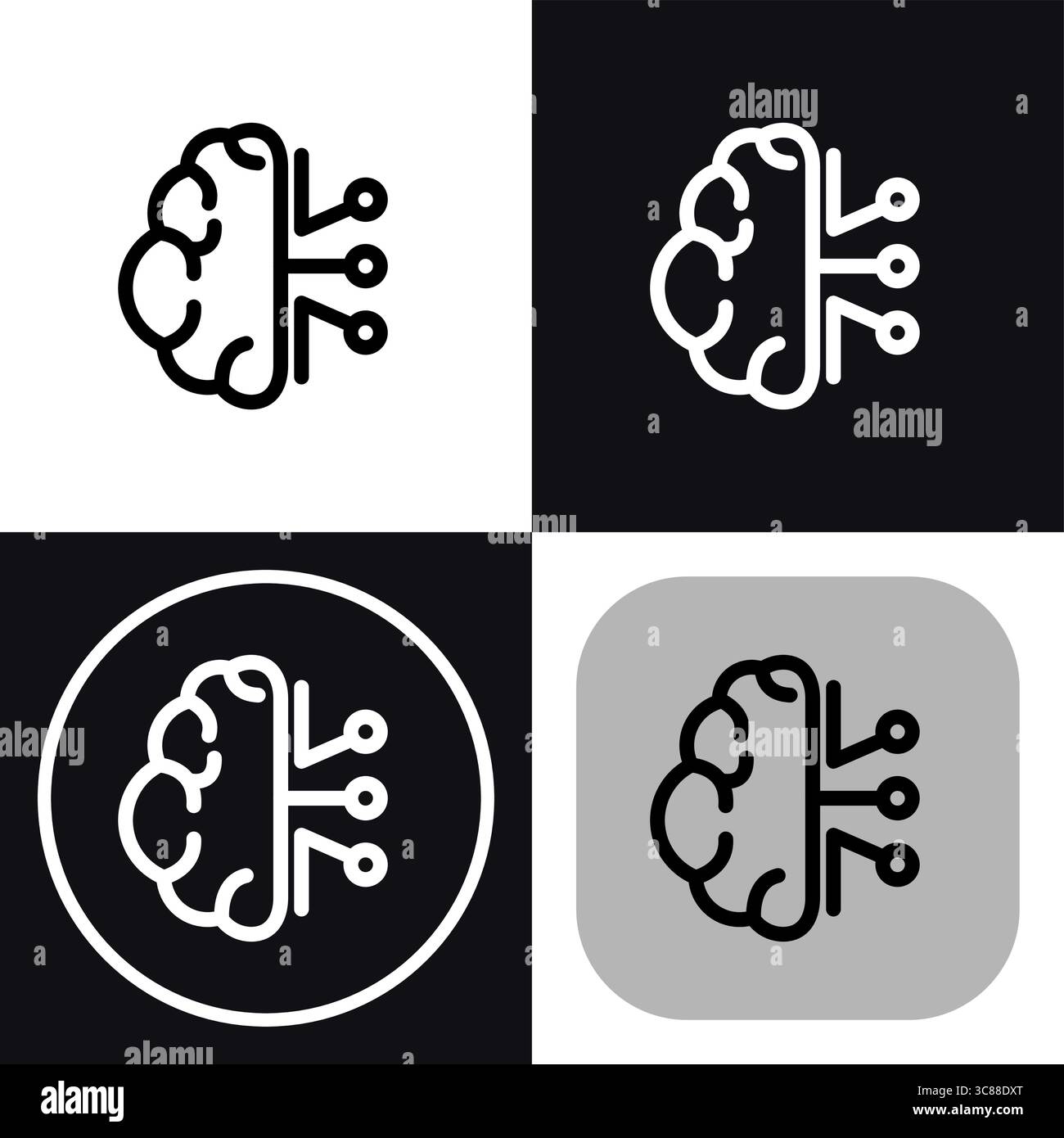 Questo versatile set di icone raffigura un cervello connesso a una rete, simboleggiando l'intelligenza artificiale e l'apprendimento automatico. Perfetto per la tecnologia e La Illustrazione Vettoriale