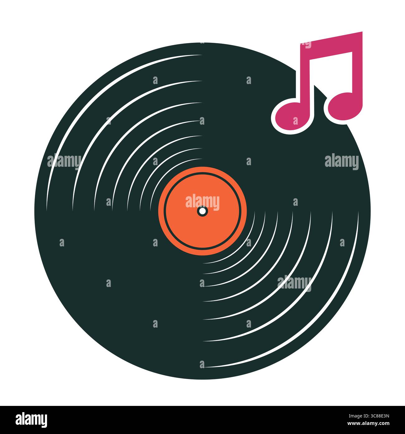 Disco in vinile con nota musicale. Un disco in vinile con scanalature concentriche e un'etichetta arancione al centro. Illustrazione Vettoriale