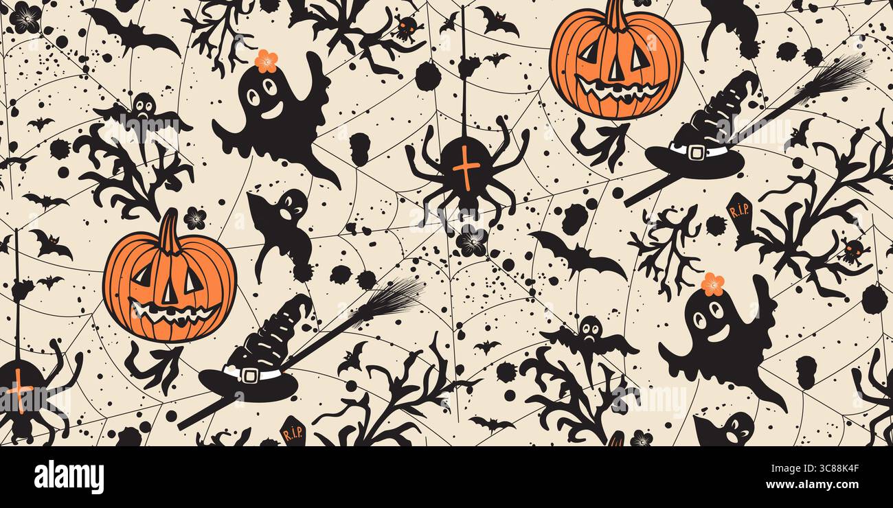 Modello vettoriale di Halloween con zucche, ragni, fantasmi, pipistrelli. Sfondo spettrale perfetto per halloween Illustrazione Vettoriale