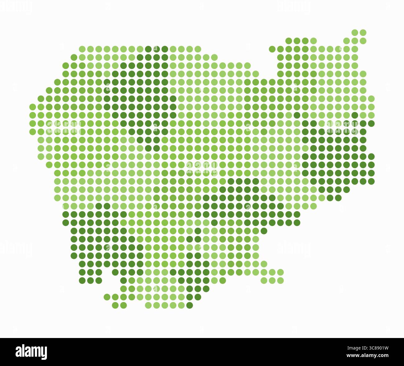 Mappa punteggiata della Cambogia. Mappa digitale del paese su sfondo bianco. Forma cambogiana con punti circolari. Stile puntini colorati. Cerchi di grandi dimensioni. Illustrazione Vettoriale