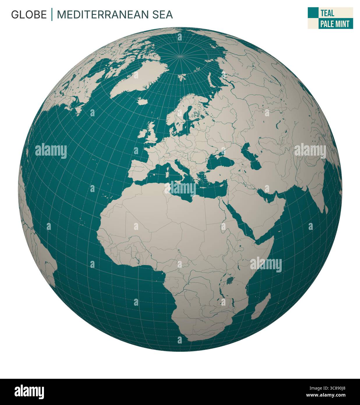 Vector Globe (globo vettoriale) centrato sul Mar Mediterraneo. Tavolozza verde chiaro chiaro. Mappa del mondo con meridiani, paralleli, paesi, fiumi e laghi. Illustrazione Vettoriale