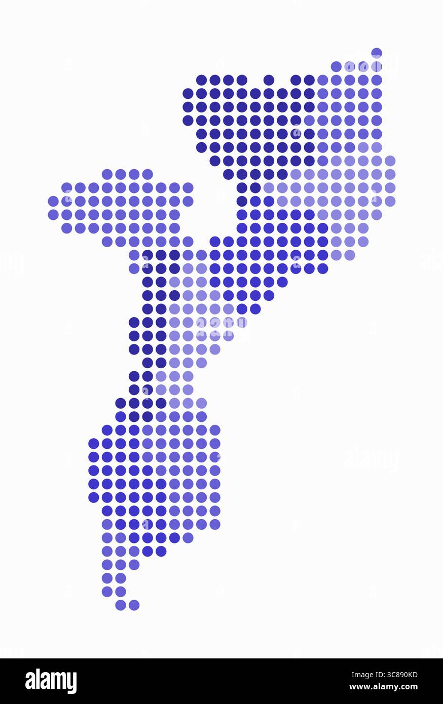 Mappa punteggiata del Mozambico. Mappa digitale del paese su sfondo bianco. Forma Mozambica con punti circolari. Stile puntini colorati. Illustrazione Vettoriale
