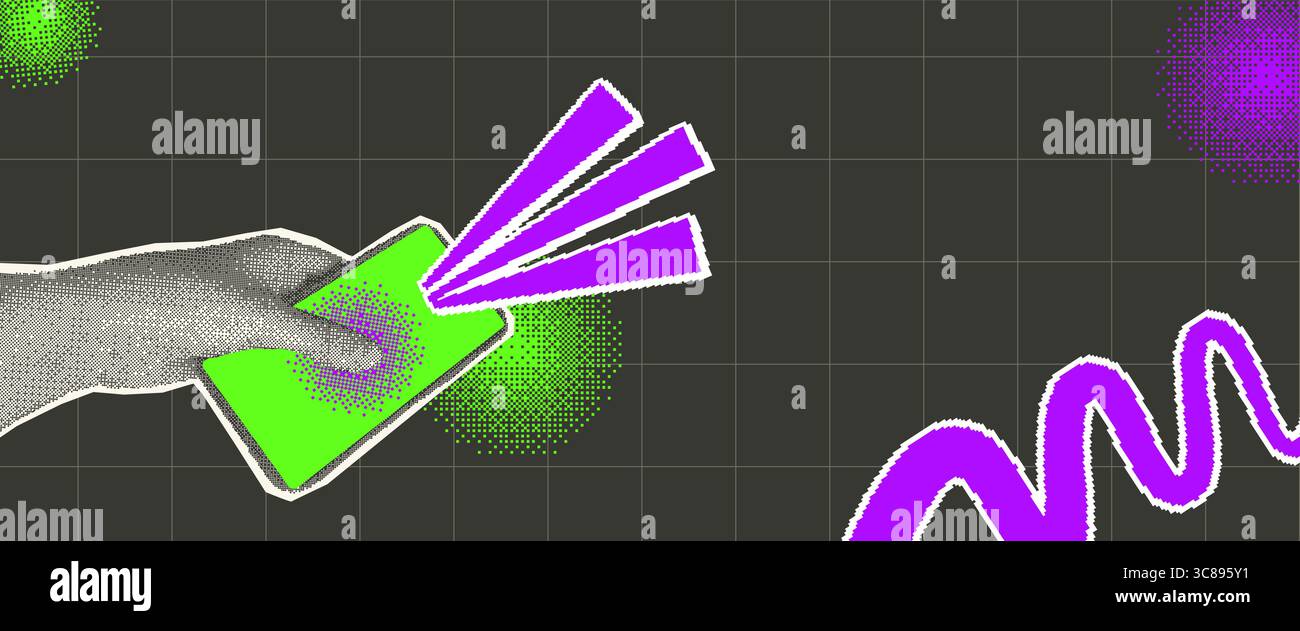 Applicazione per smartphone con mezzitoni ed elementi pixel modello di sfondo. Collage con pixel art e telefono con aperture di riviste a mano umana. Illustrazione Vettoriale