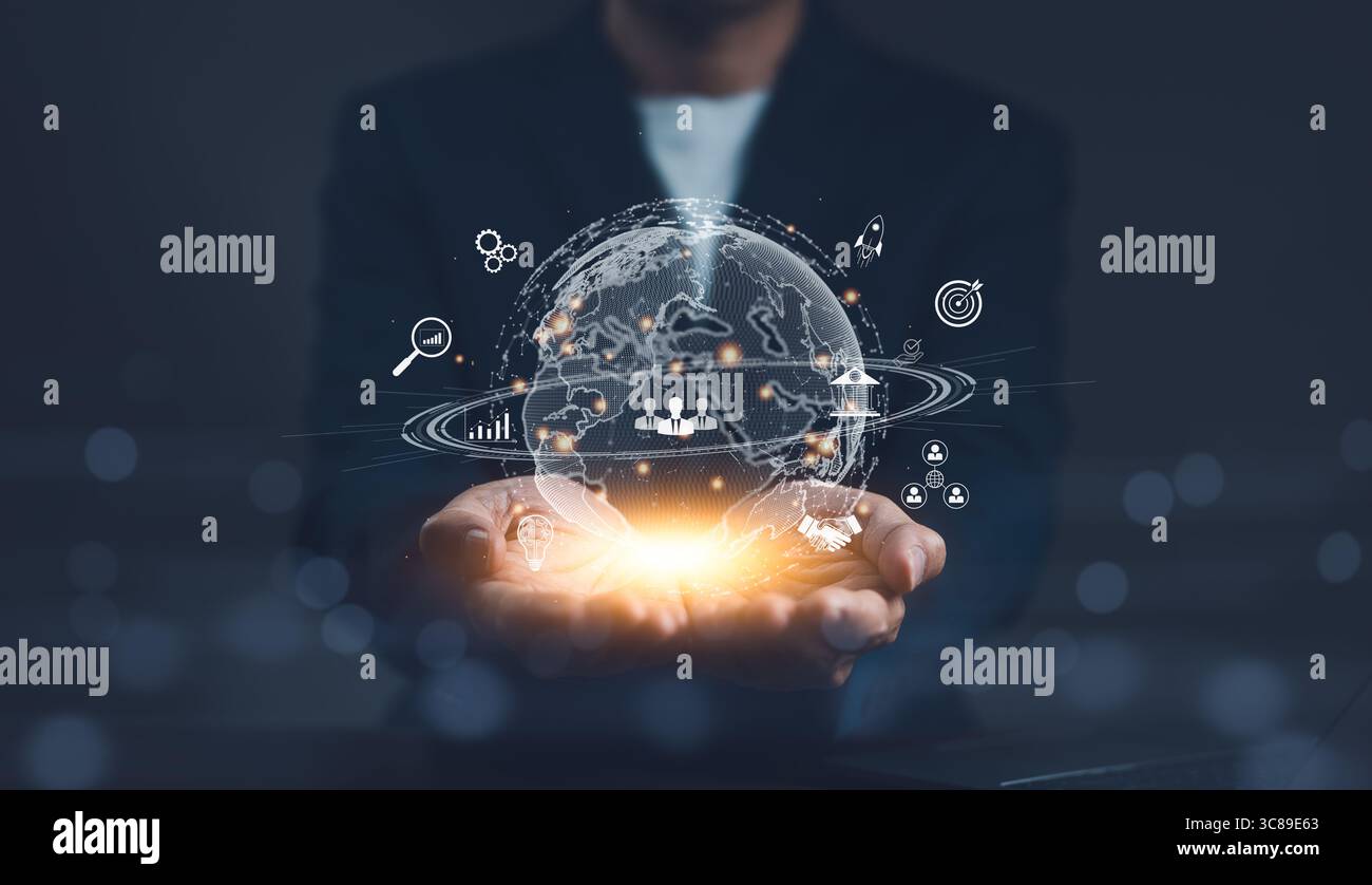 Uomo d'affari che tiene a mano una connessione Internet globale virtuale metaversa. Tecnologia delle applicazioni di connessione Internet globale per le aziende e marketing digitale Foto Stock