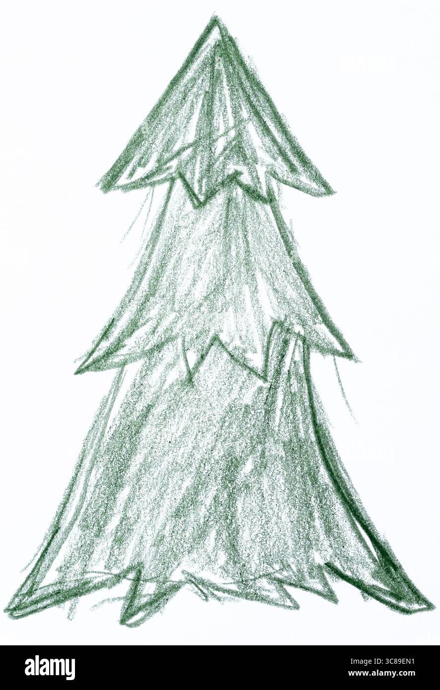 Disegno a matita di un albero di Natale verde stilizzato su sfondo bianco. Le linee sono irregolari, ombreggiate Foto Stock