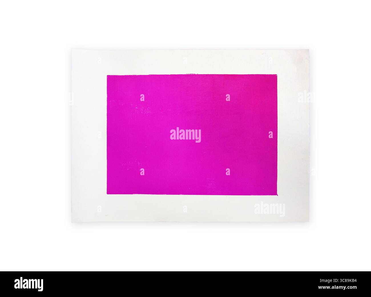 Un vivace rettangolo magenta stampato su carta bianca con cornice bianca. Isolato su sfondo bianco. Arte astratta e minimalista. Design moderno e minimalista Foto Stock