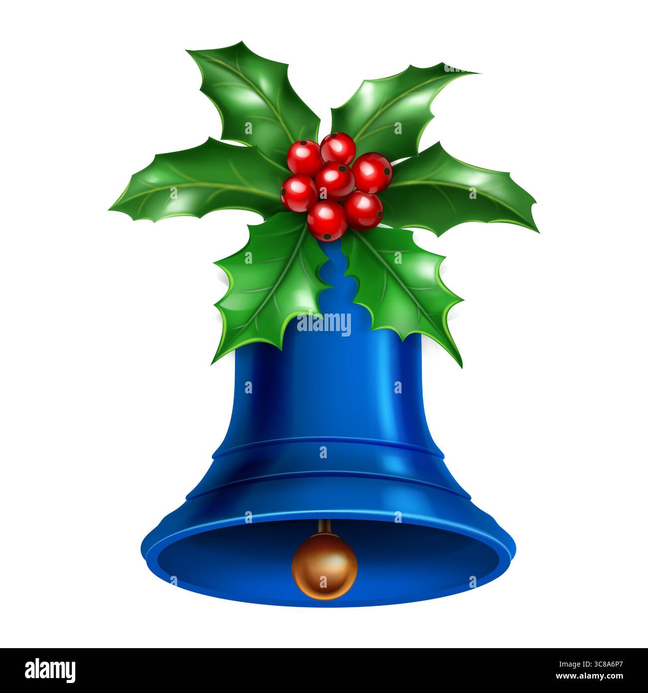 Una campana di Natale blu vibrante con una superficie lucida e lucida è decorata con lussureggianti foglie verdi di agrifoglio e frutti di bosco rosso brillante, aggiungendo un classico fes Illustrazione Vettoriale