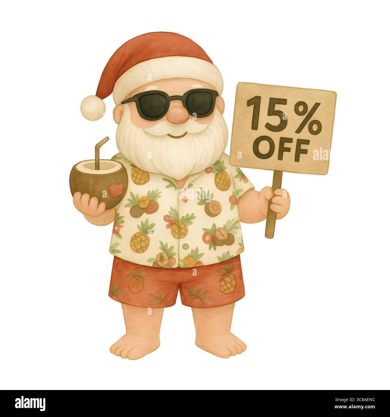 Grazioso acquerello di Babbo Natale – personaggio natalizio su sfondo bianco Foto Stock