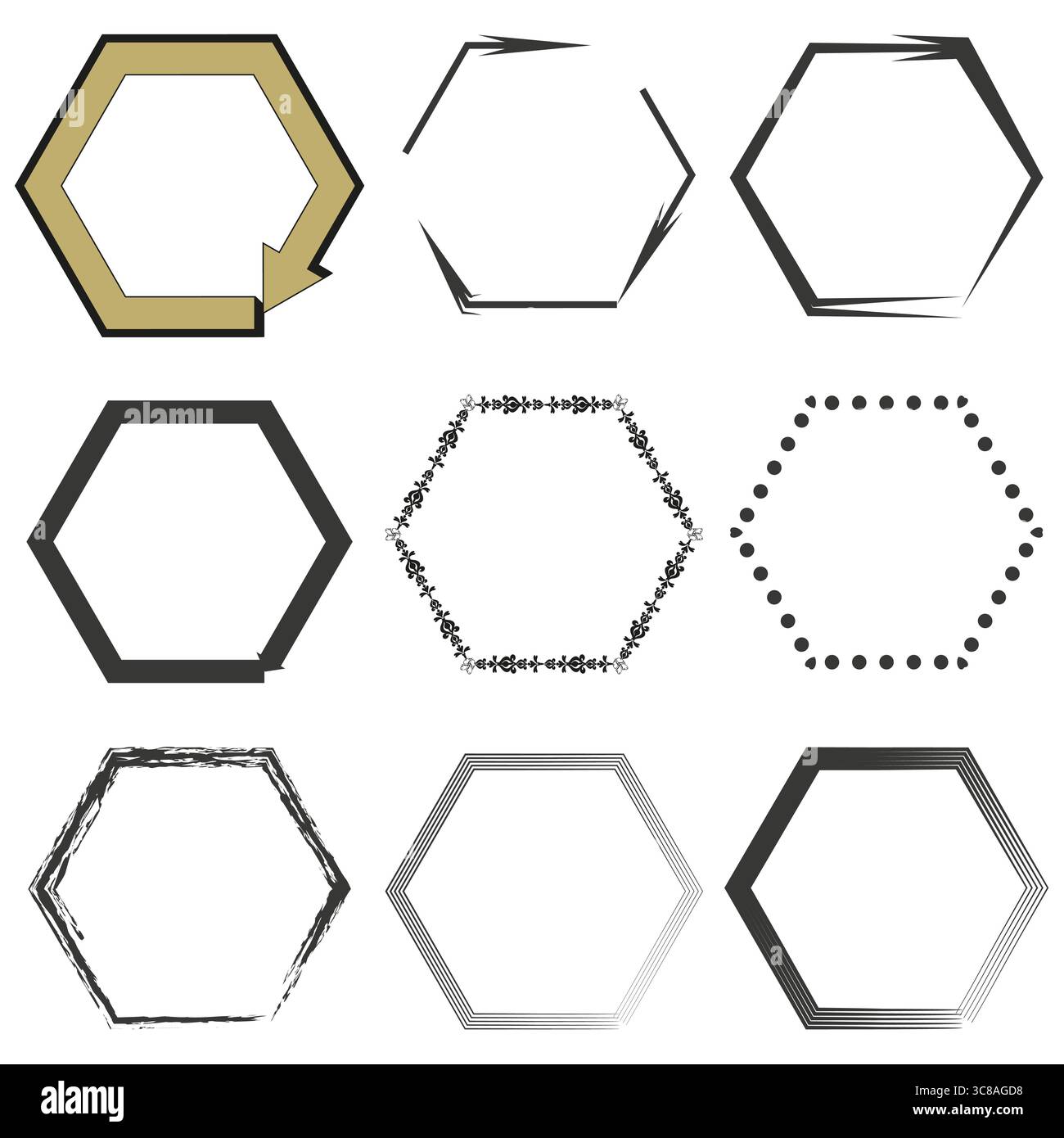 Freccia esagonale oro. Bordo angolare nero. Cornice astratta semplice. Illustrazione Vettoriale