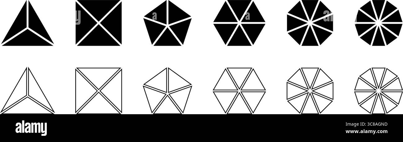 Forme geometriche divise in parti uguali isolate su sfondo bianco. Forme triangolari, quadrate e pentagono, esagonali, ottagoni e decagoni tagliate in settori. Illustrazione grafica vettoriale. Illustrazione Vettoriale