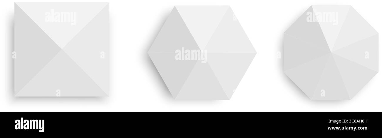 Vista dall'alto delle tende bianche. Ombrelli gazebo in forma quadrata, esagonale e ottagonale. Eventi o ombrelloni sulla spiaggia. Modelli di tettoia del mercato isolati su sfondo bianco. Illustrazione realistica vettoriale. Illustrazione Vettoriale