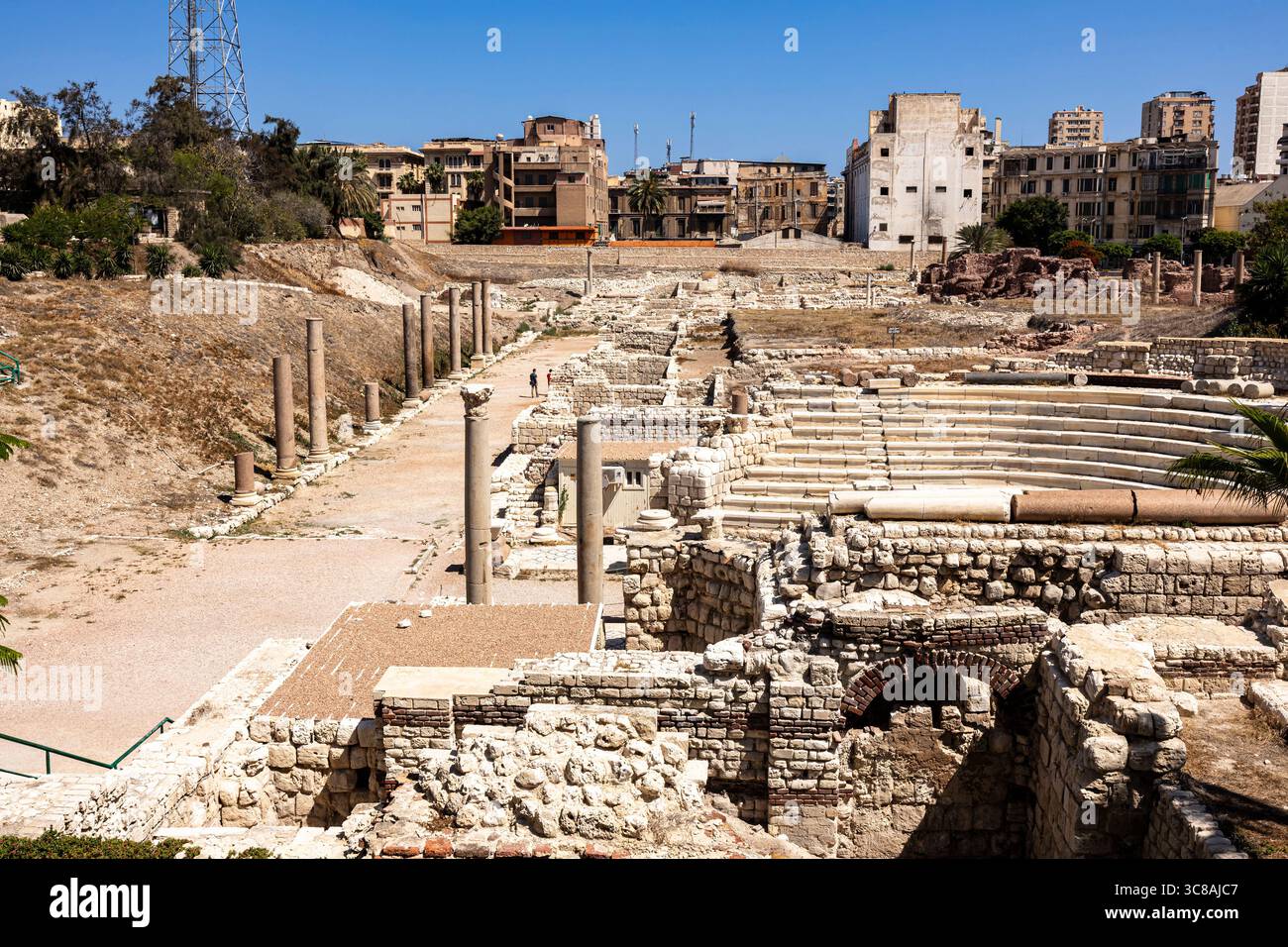 Teatro Romano e principale strada colonnata, nel centro della città, Alessandria, Egitto, Nord Africa Foto Stock