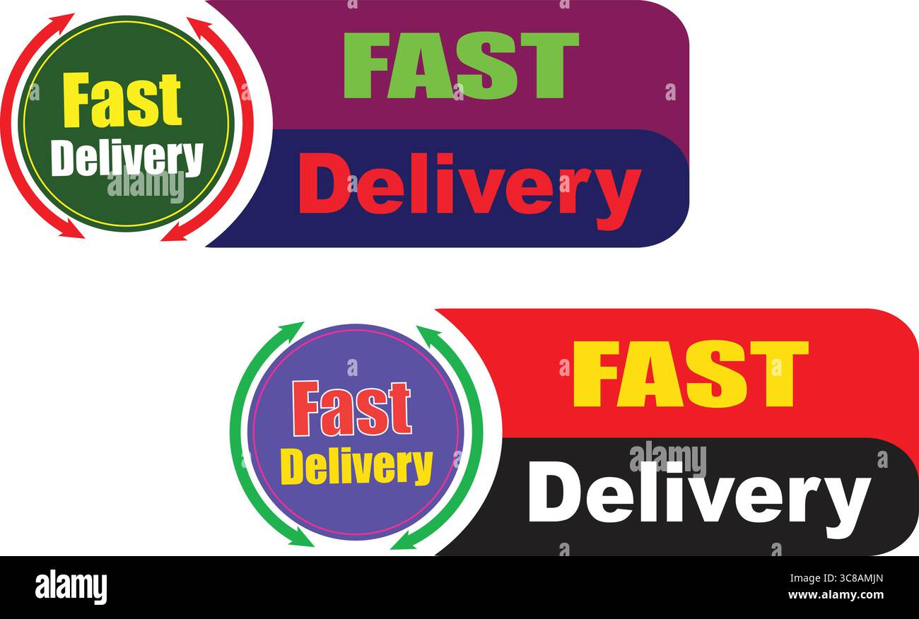 Composizione rapida del badge di consegna e dell'etichetta di servizio con logo circolare brillante e illustrazione del design dell'icona del veicolo Illustrazione Vettoriale