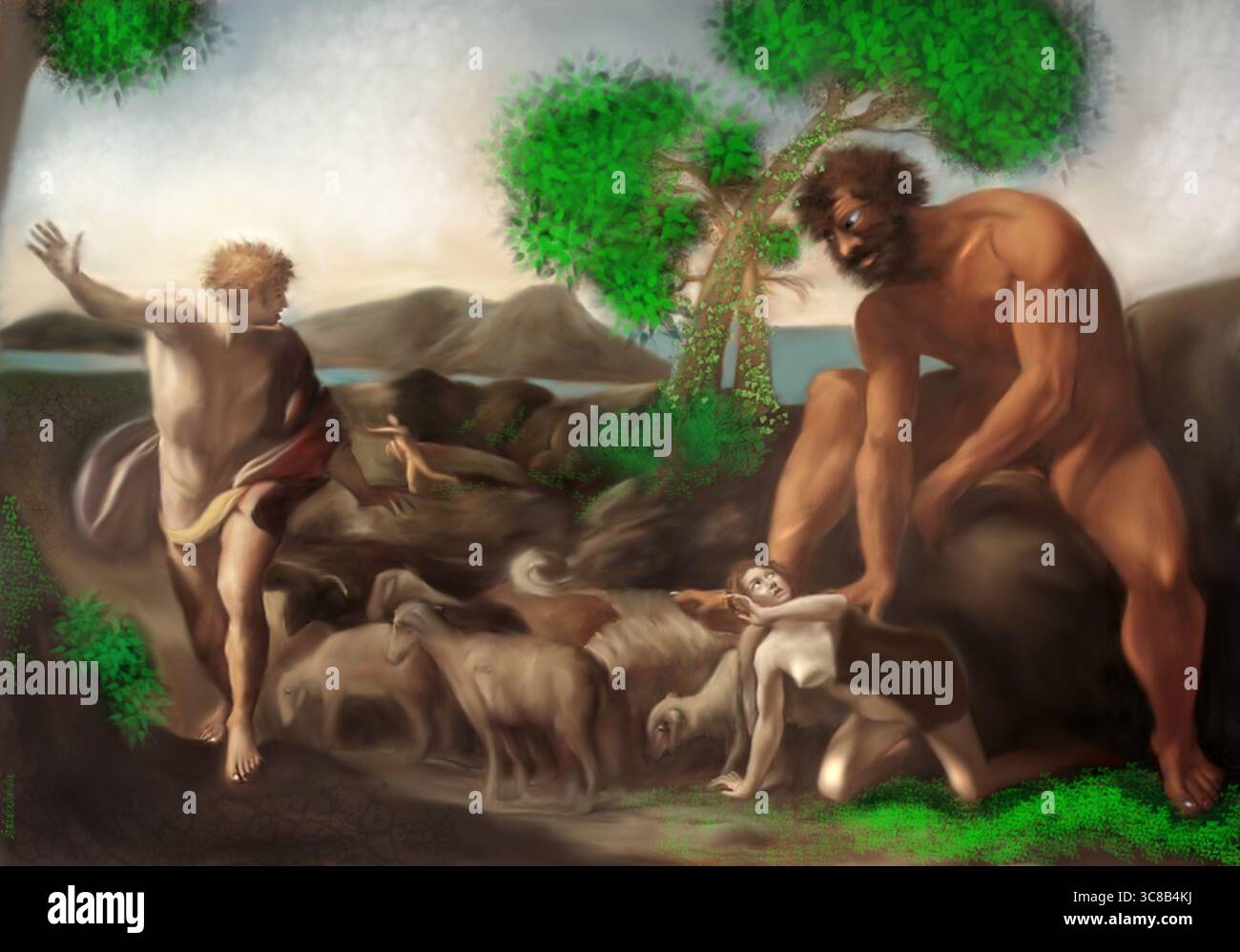 Riproduzione concettuale digitale dipinta a mano dell'arte classica: "Norandino e Lucina scoperti dagli Ogre". Foto Stock