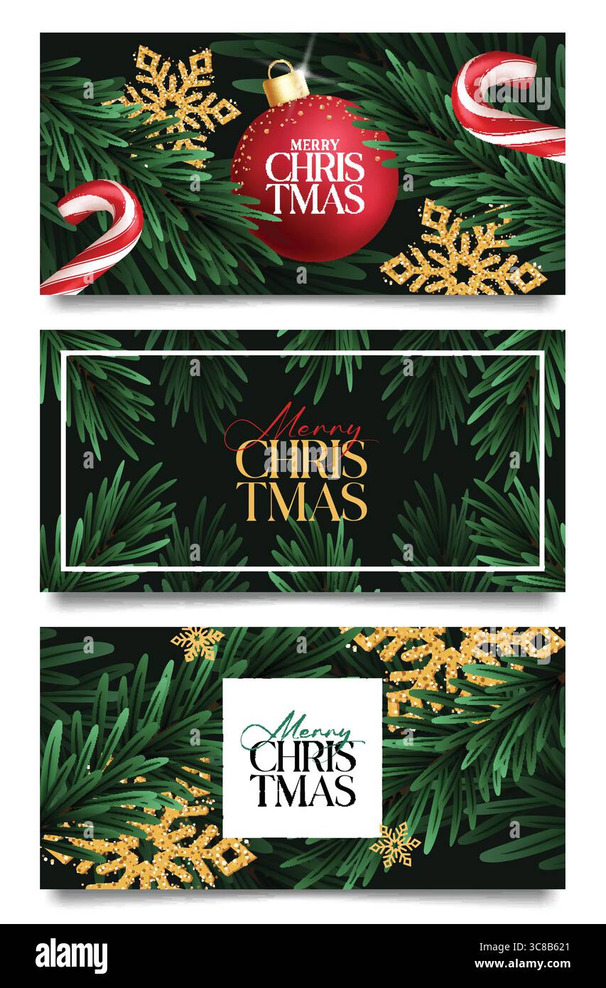 Set di banner clipart per auguri di buon Natale. Modello di auguri natalizi clip art Collection con palla di Natale, canna da zucchero, fiocchi di neve scintillanti Illustrazione Vettoriale