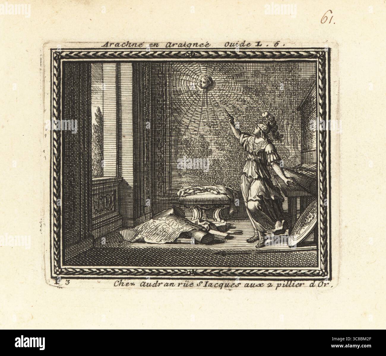 Minerva trasforma Arachne in ragno dopo il suo suicidio. Dopo aver perso in una gara di tessitura, Minerva strappò tutto il lavoro di Arachne. La dea Minerva, con casco e scudo, punta un mandrino alla testa di Arachne, intrappolata in una ragnatela. Arachne en Araignee. Ovide Livre 6. Copperplate Engraving from Metamorphoses d’Ovide, Engravings for Ovid’s Metamorphoses, chez Audran, Paris, 1676. Foto Stock
