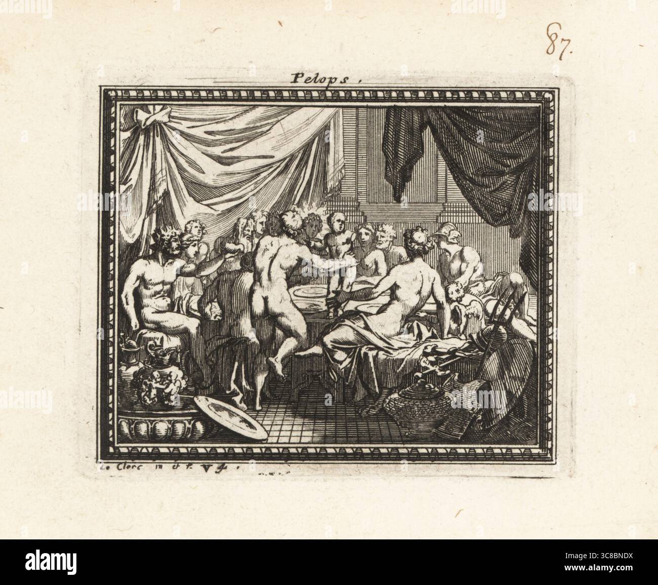 Pelope, figlio di Tantalo, re del monte Sipylus in Anatolia, è servito come carne per gli dei. Suo padre gli taglia il braccio sinistro e lo offre a Giove. Altri dei e dee si astengono dal pasto. Gli dei includono mercurio con cappello alato, Nettuno con tridente, Diana con casco, ecc. Incisione Copperplate di Sebastien Leclerc da Metamorphoses d’Ovide, incisioni per le Metamorfosi di Ovidio, chez Audran, Parigi, 1676. Foto Stock