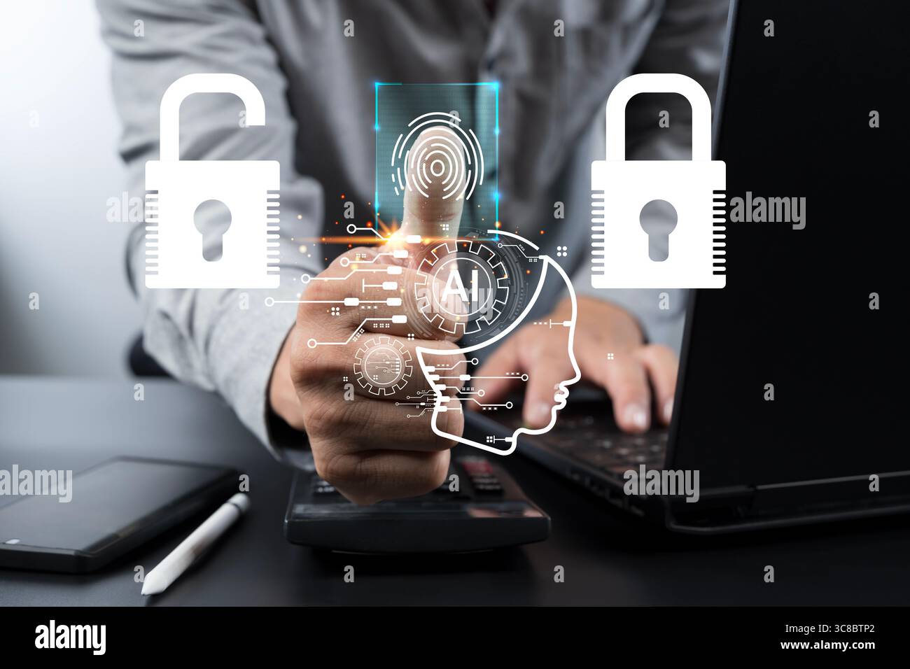 Scansione delle impronte digitali da parte dell'utente con interfaccia ai e icone con lucchetto. Rappresenta l'autenticazione biometrica, la verifica dell'identità digitale, i protezione della sicurezza informatica Foto Stock